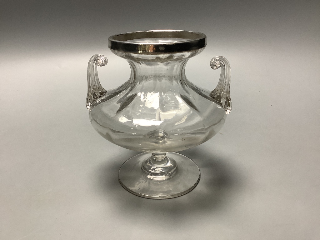 A set of eight Birks sterling mounted glass coupes, height 10.7 cm and a silver mounted two handle glass vase, height 11.9 cm.